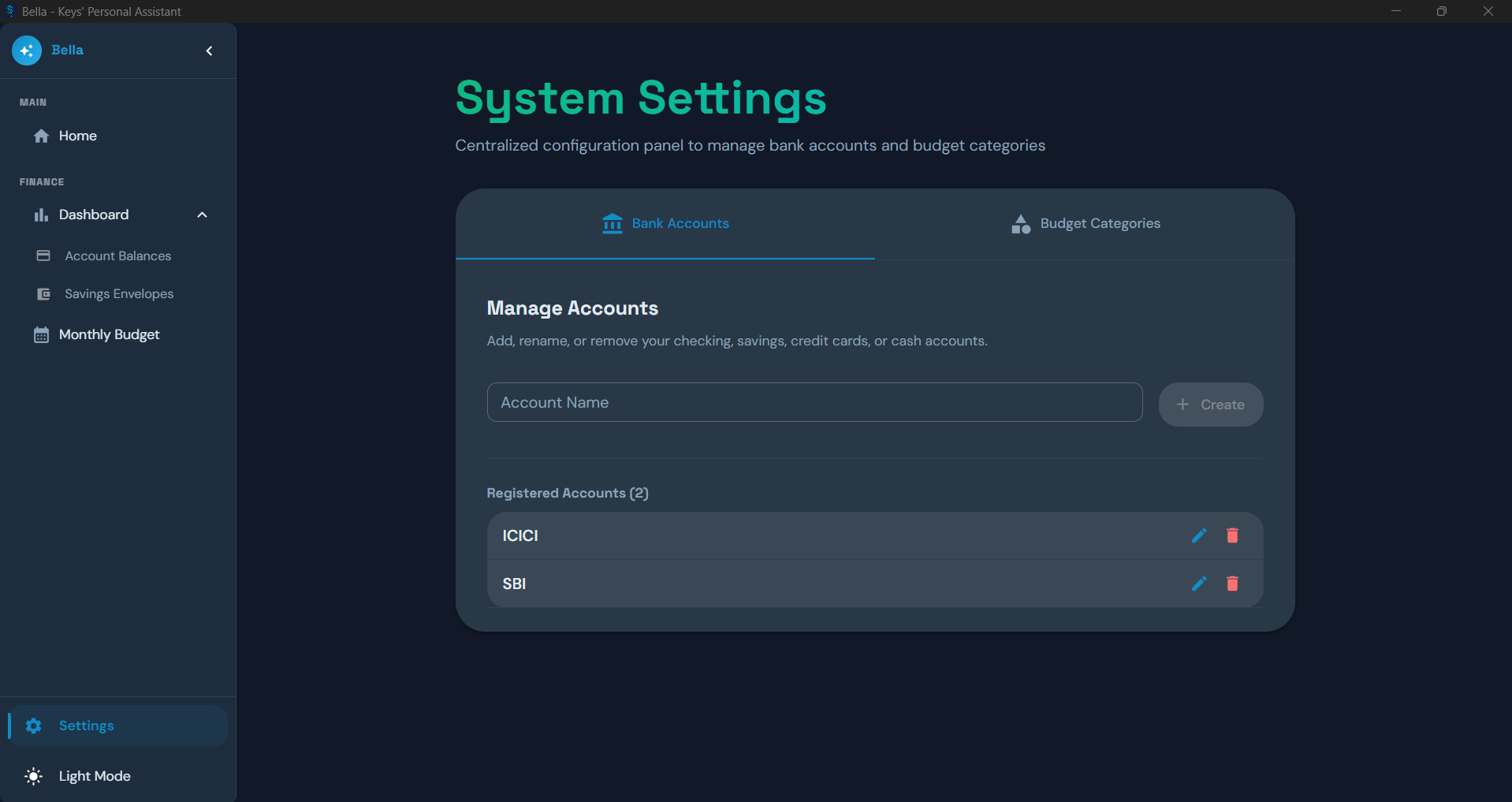 Bank Accounts Settings