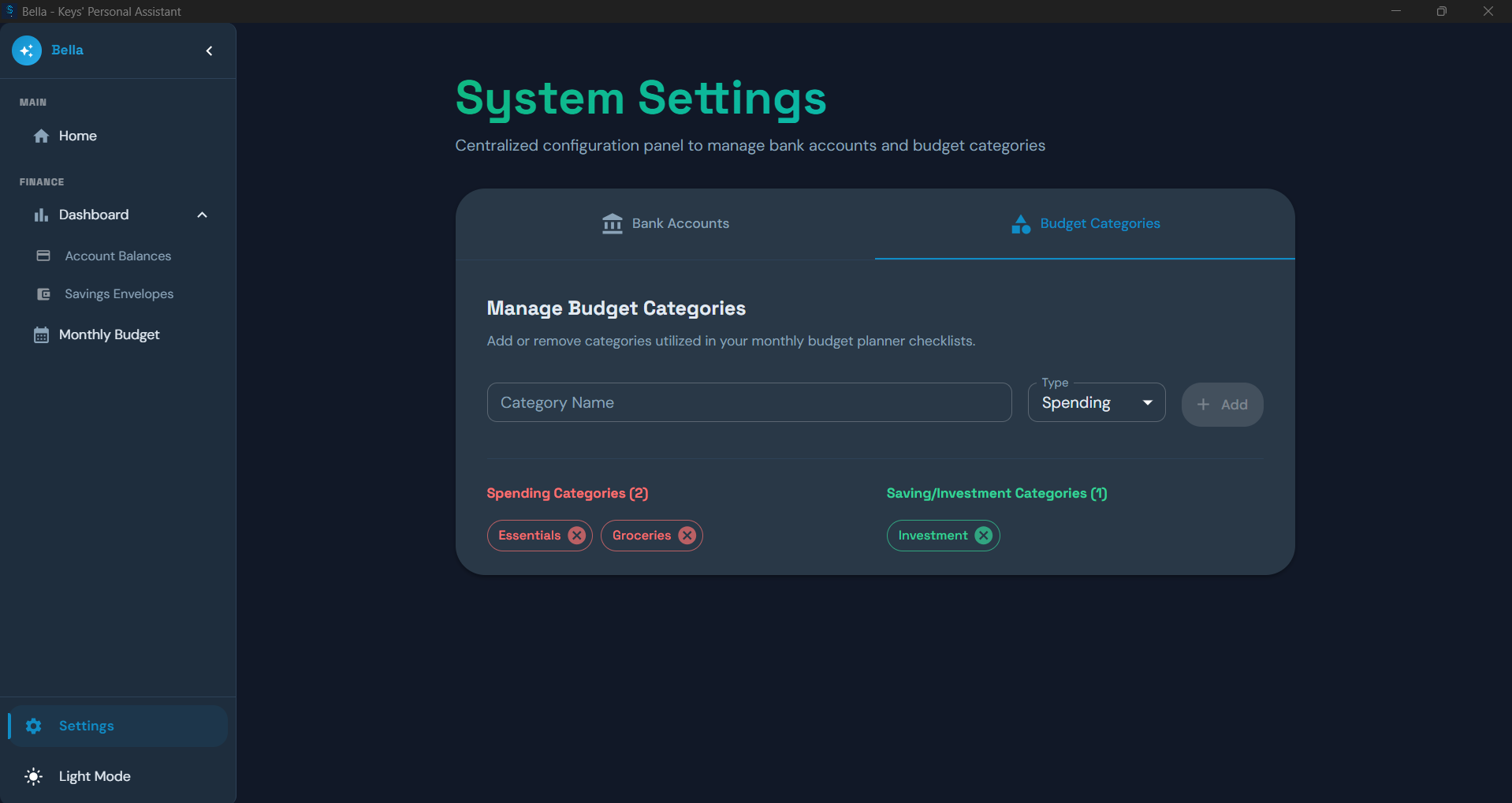 Budget Categories Settings